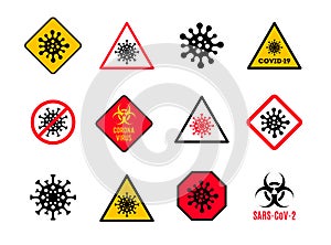 Set of warning and danger sign with coronavirus symbol. Stop Covid-19 sign. Coronavirus dander sign. photo